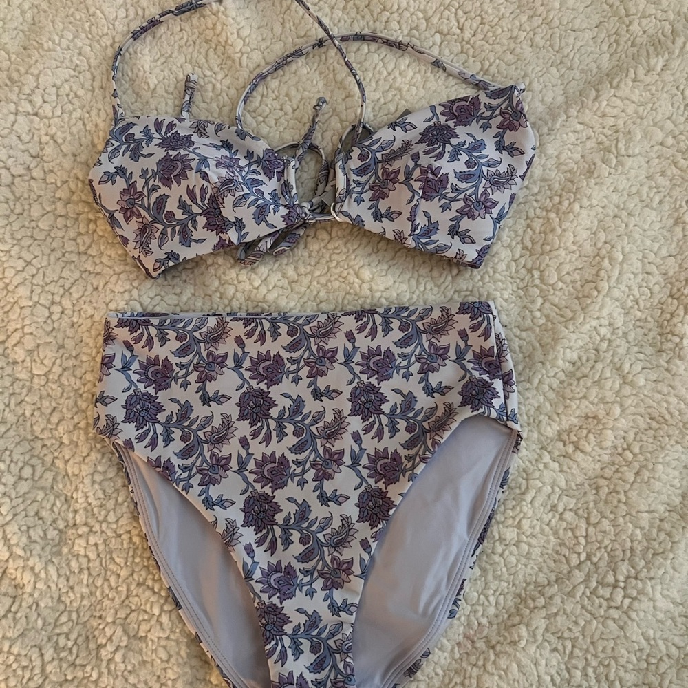 J. Crew Floral Bikini Set in Cream and Purple Top size Med Bottoms size Small